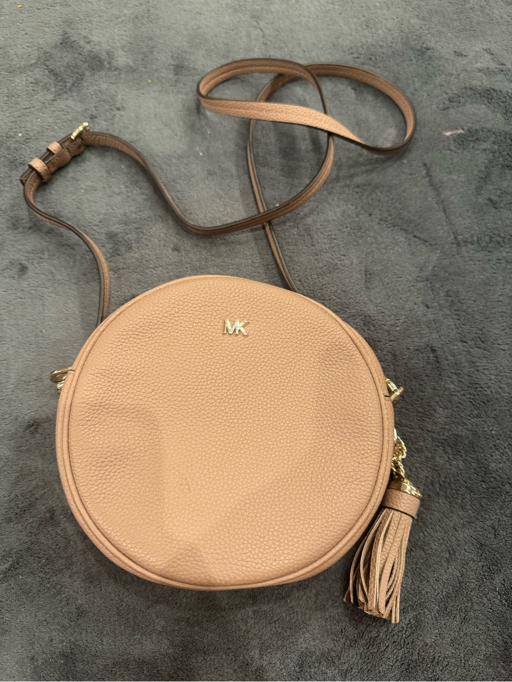 Michael Kors Beige/Tan Pebbled Leather Round Crossbody with Tassel